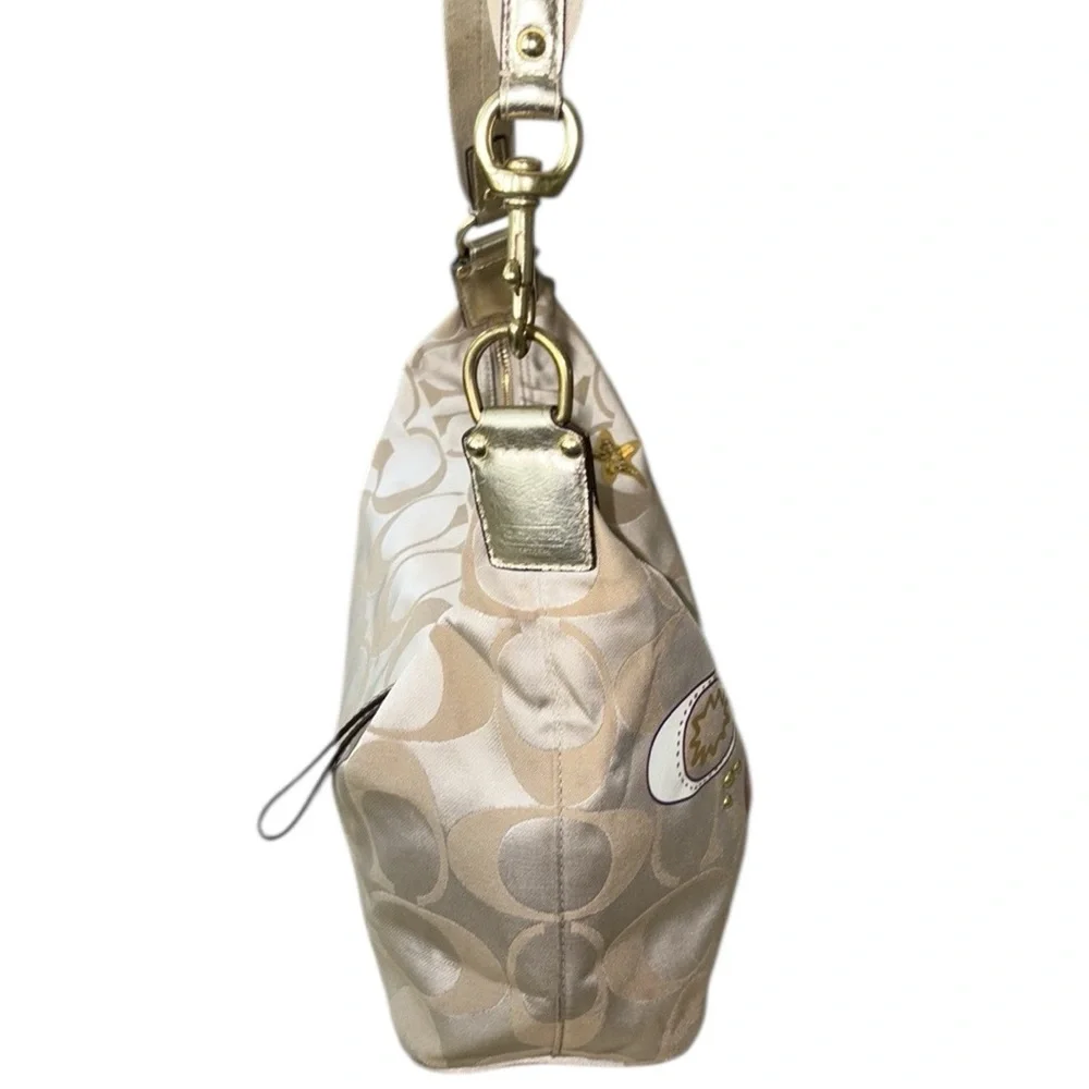 COACH Poppy Khaki Sateen Logo Multicolor Applique Shoulder Hobo Bag - F17586